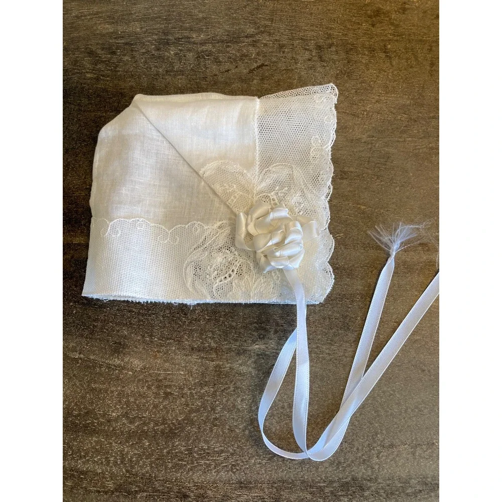 Vintage White Linen Lace Infant Bonnet Christening Baptism Ribbon Tie Rosette